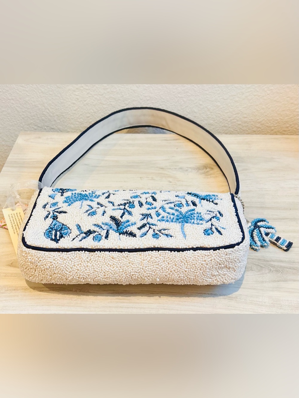 Beaded Floral Palm Tree Bag White and Blue Viral TikTok New - Picture 8 of 10